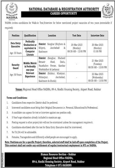 Security Guard Jobs In Nadra Office 2024 